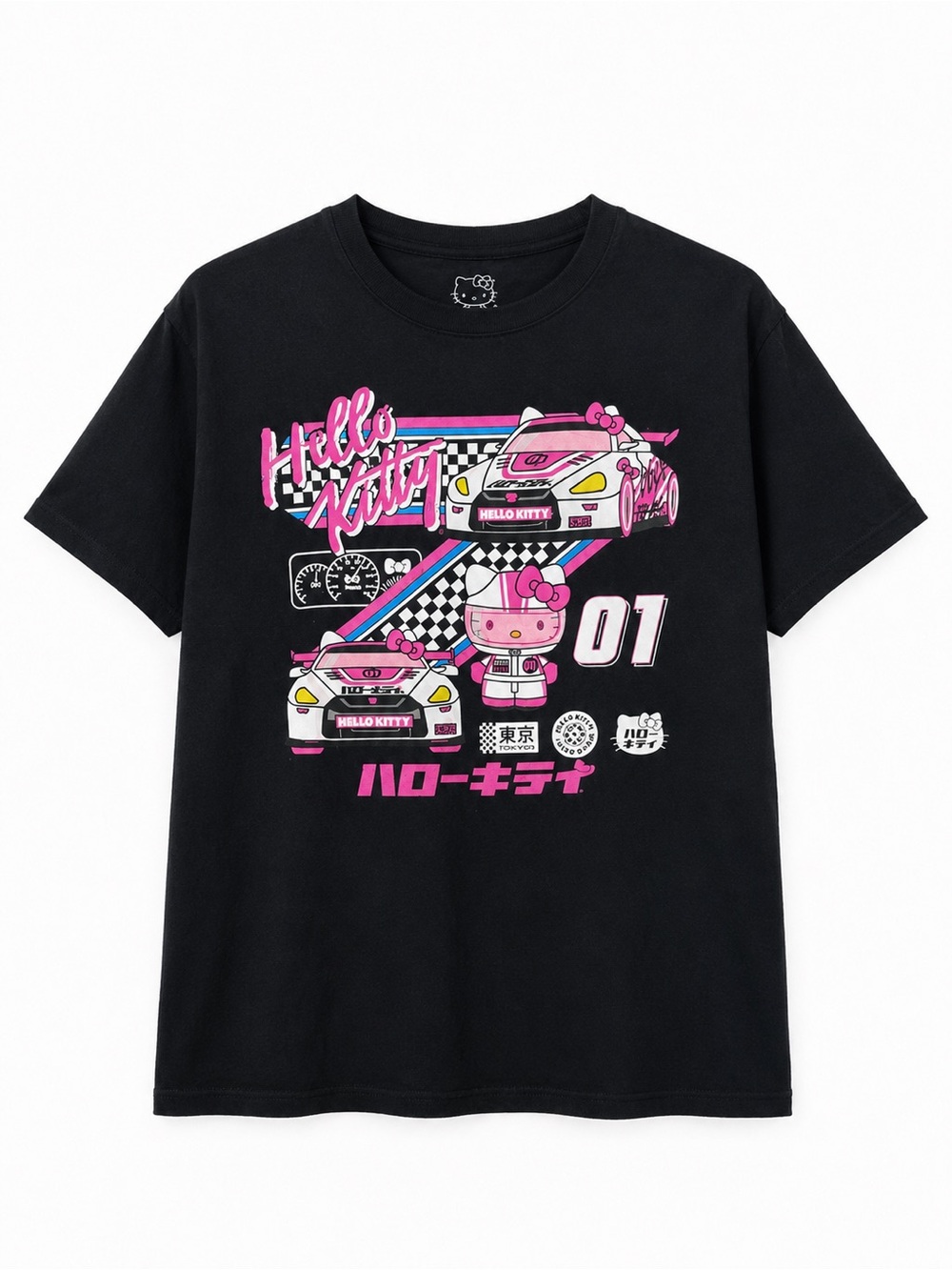 Hello Kitty Black Tee with Pink Racing Graphic